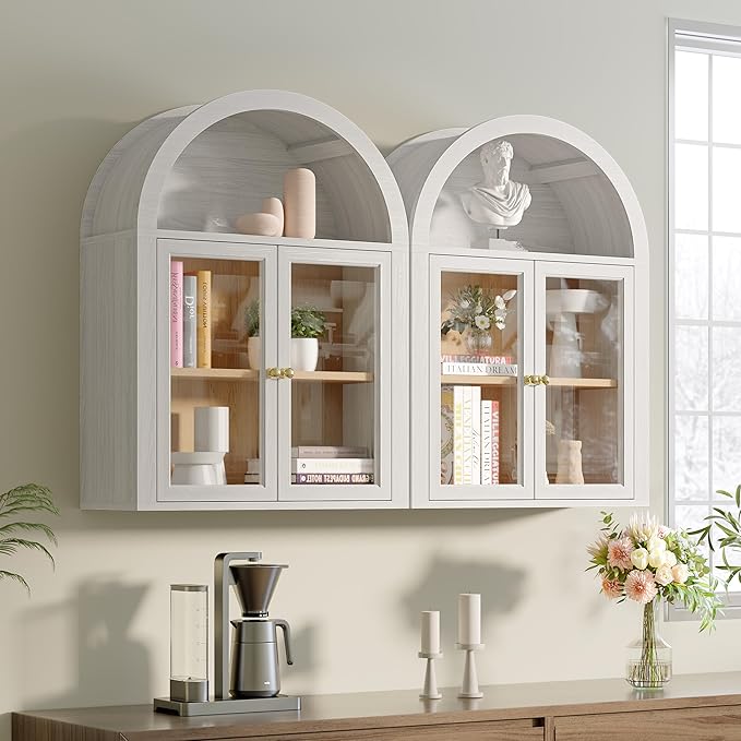 Furnaza Arched Wall Mounted Display Medicine Cabinets with Tempered Glass Doors and Adjustable Shelf for Bath or Living Room (White, 24" W X2pcs)
