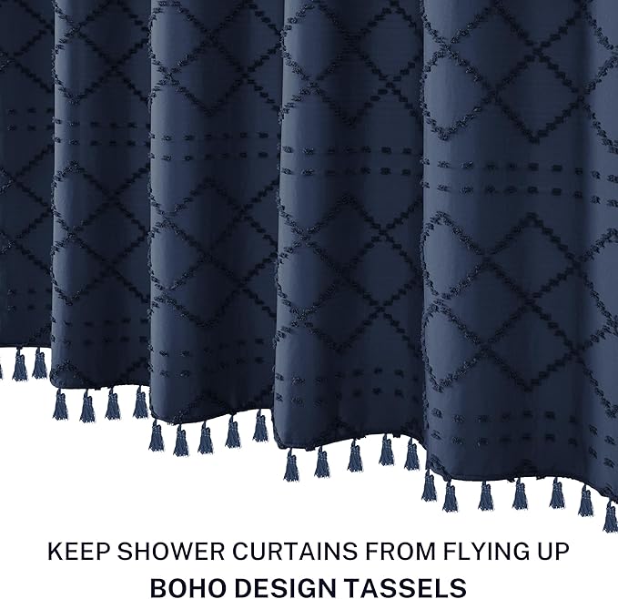 Extra Long Boho Shower Curtain with Tassels 72 x 90, Navy Blue