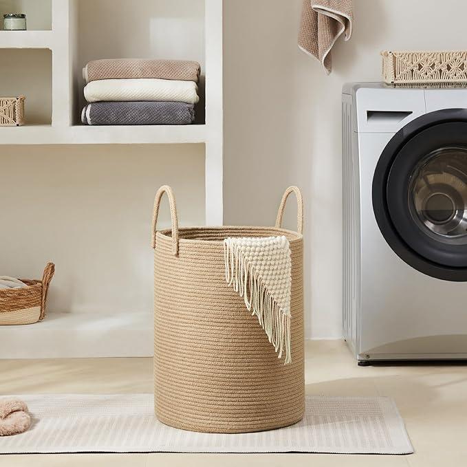 YOUDENOVA Cotton Laundry Hamper, 58L - Woven Collapsible Storage Basket - Jute Brown