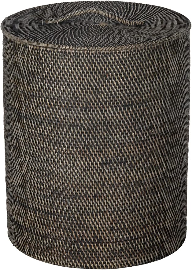KOUBOO Loma Round Rattan Hamper & Laundry Basket with Lid Removable Liner, Perfect for Home Storage, Bathroom, Bedroom, Kids Room, Nursery, Black-Wash
