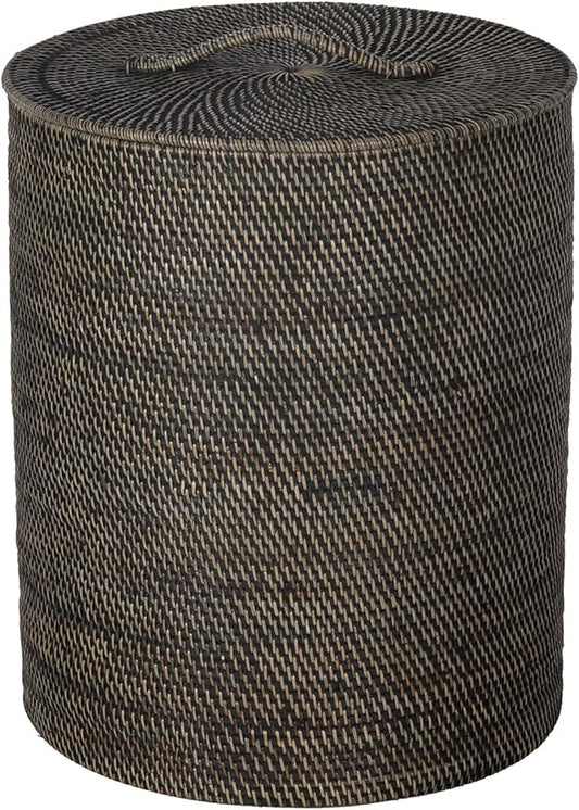KOUBOO Loma Round Rattan Hamper & Laundry Basket with Lid Removable Liner, Perfect for Home Storage, Bathroom, Bedroom, Kids Room, Nursery, Black-Wash