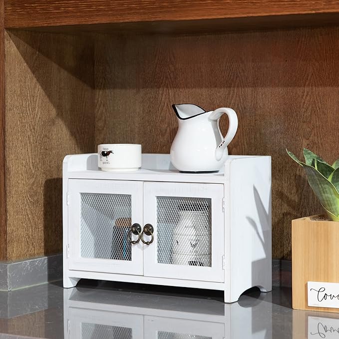 COLLECTIVE HOME - Storage Cabinet, Mini Countertop Cabinet, Wood Organizer for Kitchen Living Room Bedroom Bathroom Office with Magnetic Door, 14.5 x 6.5 x 10 (White, Wire Netting)
