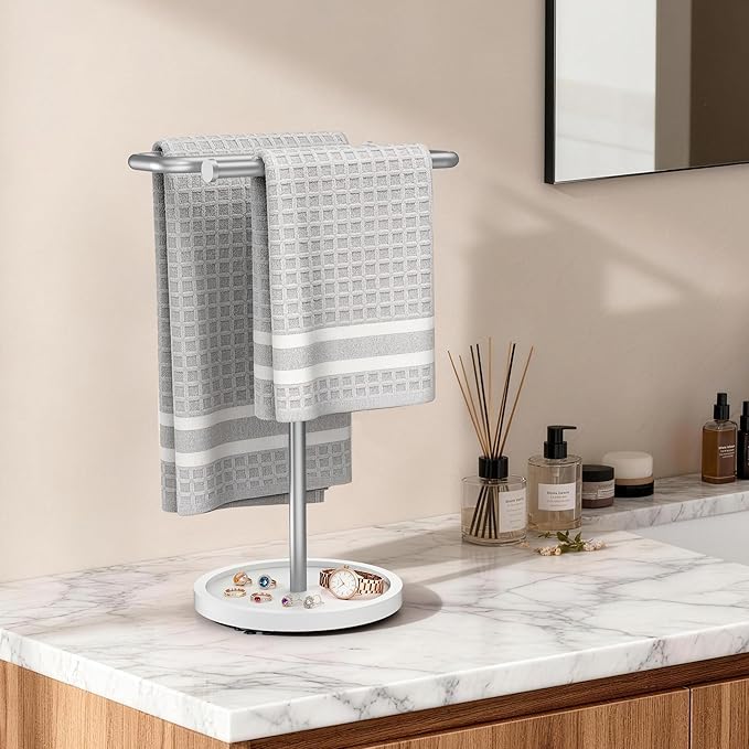 Aetyord Adjustable Hand Towel Holder Stand for Bathroom Countertop, S-Shaped Stainless Steel Towel Rack with Wood Base Strong and Suction Cups, Free Standing Hand Towel Tree for Kitchen Vanity