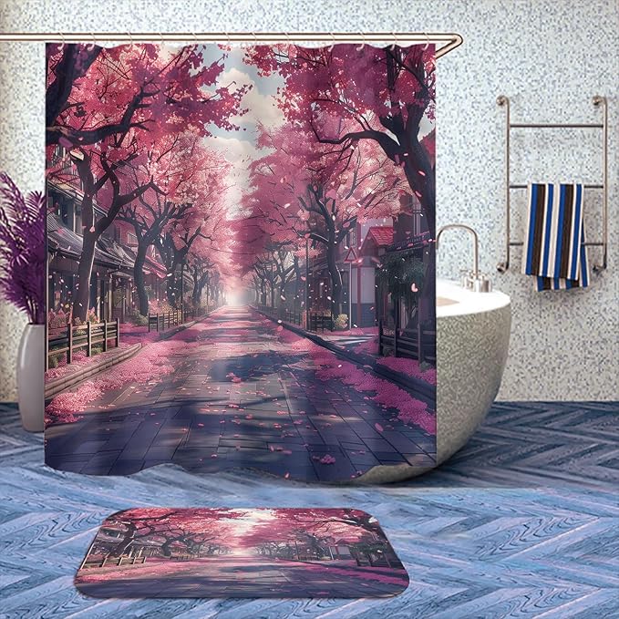 Cherry Blossoms Shower Curtain Set with Rugs,Toilet Lid Cover, Bath Mat, Japanese Anime Bathroom Shower Curtain with 12 Hooks Accessories Decorative