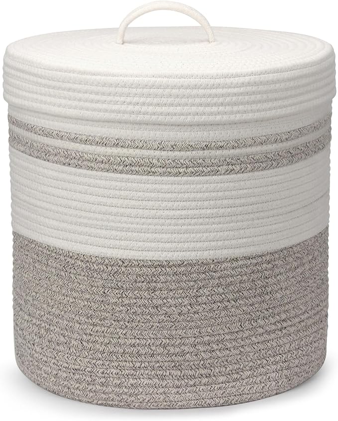 Laundry Hamper with Lid, Woven Laundry Basket，Blanket and Toy Storage Basket for Living Room, Bedroom, Bathroom, Nursery（Brown and White，40L）