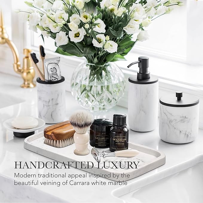 Marble & Matte Black Bathroom Accessories Set - Toothbrush Holder, Soap Dispenser, Modern Black Bathroom Decor