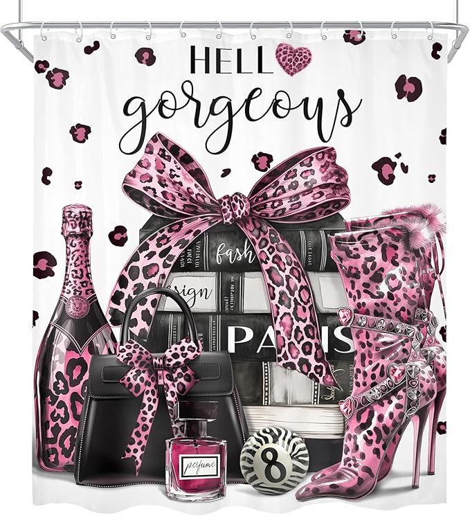 Cinbloo 4Pcs Black and Pink Leopard Print Shower Curtain Set,Fashion Modern Girly Bow Perfume Striped Bathroom Curtain with Rug,Toilet Lid Cover, Bath Mat,High Heels Books Shower Curtain with 12 Hooks