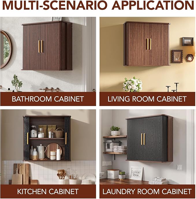 Furnaza Laundry Room Wall Cabinet with Fluted Sliding Door, 29.5" W Bathroom Medicine Cabinet with Adjustable Shelf, Wall Mounted Storage Cabinet for Living Room Kitchen, 11.7" D x 29.5" W x 27.68" H