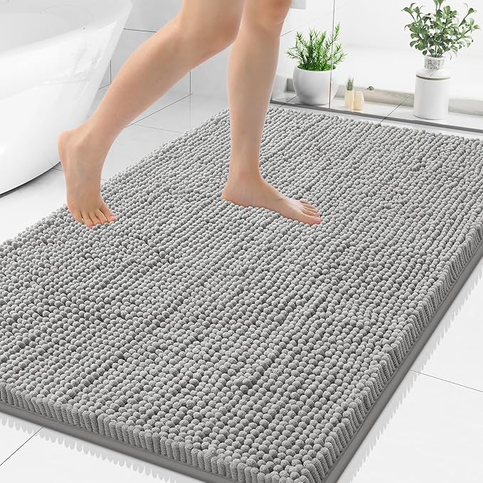 Smiry Luxury Chenille Bathroom Rugs 40x32, Extra Soft and Absorbent Shaggy Bath Mat, Machine Washable, Non-Slip Plush Carpet Runner for Tub, Shower, and Floor, Home Decor Accessories, Light Grey