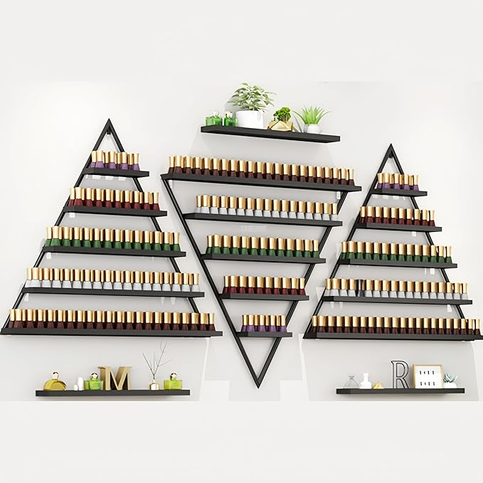 Elegant Gold Wall Mounted Nail Polish Rack - Set of 6 Triangular Cosmetic Display Shelves for Essential Oil Bottles, Organize Your Lipsticks and Perfumes in Style at Home or Salon (Black)