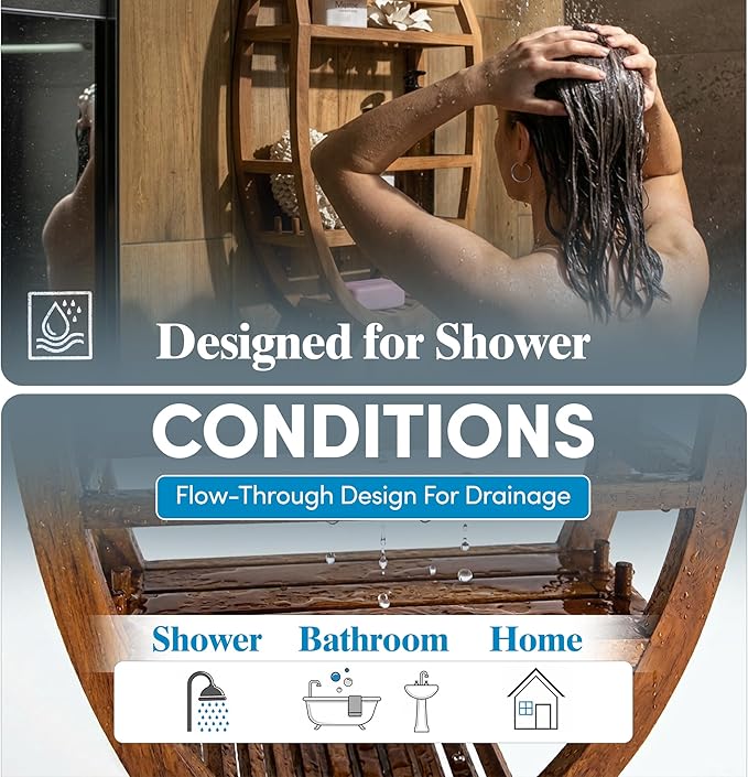 AquaTeak Patented Moa Oval Teak Shower Organizer - Hanging Shower Caddy with Wood Shelves, Hooks & Soap Holder - Durable, Water-Resistant Bathroom Storage with Space-Saving Design