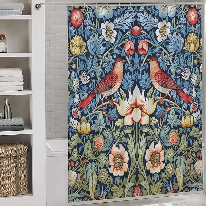 William Morris Shower Curtain,Original Design Vintage Flower Birds Elegant Animal Pattern Print Shower Curtains Sets Polyester Waterproof Fabric Decor Bathroom Curtain 66"×72" Inch With 12 Hooks