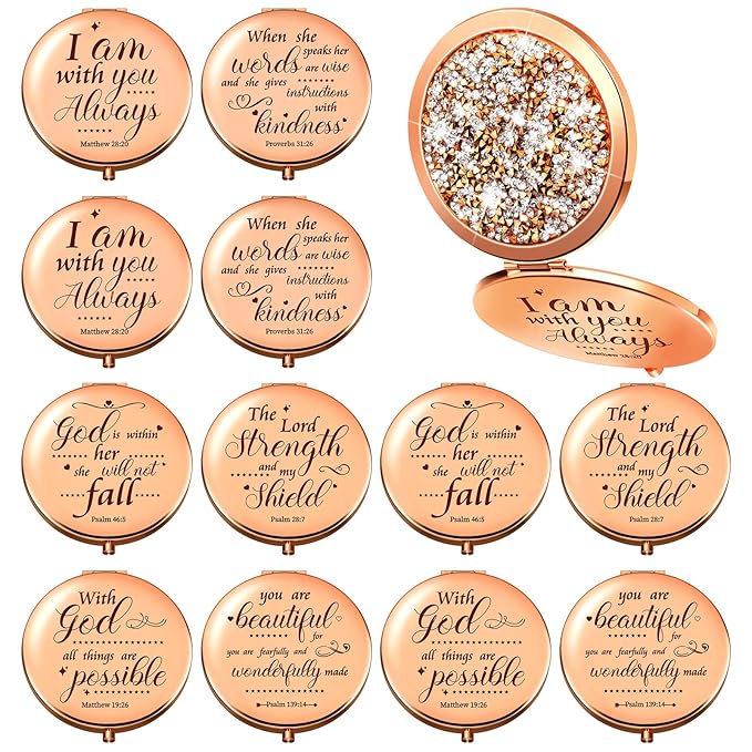 Thyle 12 Pcs Christian Compact Mirror Gifts for Women Mother's Day Nurse Week Bible Verse Wallet Mirror Bulk Hand Makeup Compact Religious Baptism for Holy Communion Teacher(Same,Rose Gold)
