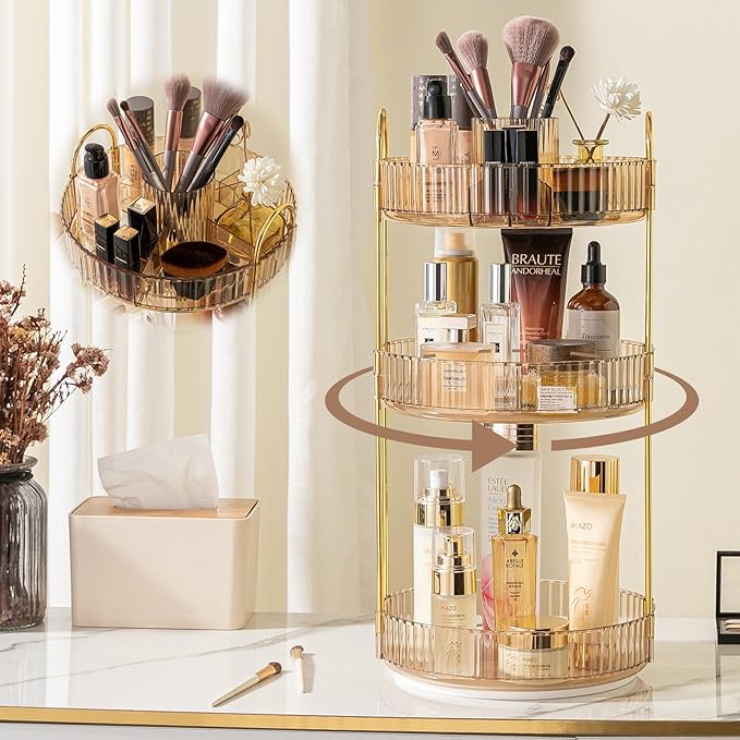 shuang qing Rotating Makeup Organizer for Vanity, High-Capacity Skincare Clear Make Up Storage Perfume Organizers Cosmetic Dresser Organizer Countertop 360 Spinning (Gold, New-3 Tier)