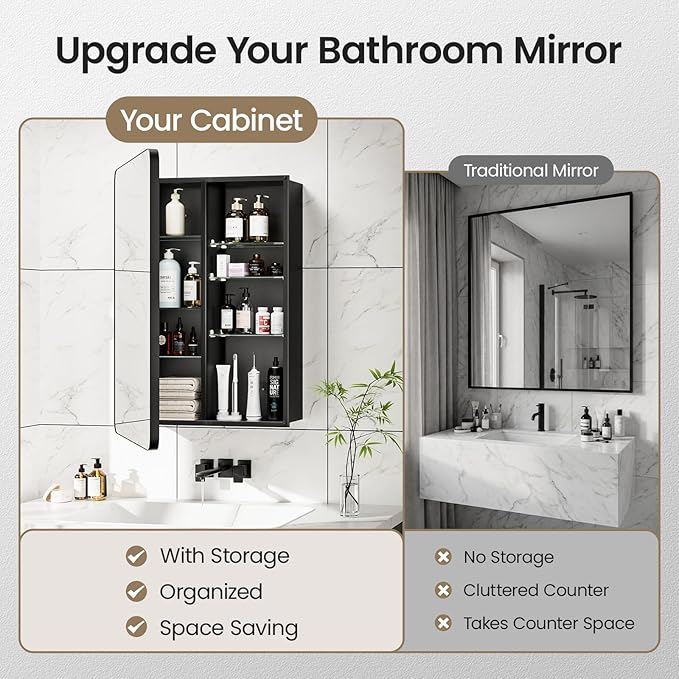 Large Bathroom Medicine Cabinet with Mirro 24x32, Aluminum Recessed or Surface Mount Wall Cabinet, Pre-Assembled, Adjustable Shelves, Center Divider for Tall Bottles, Soft Close, Matte Black
