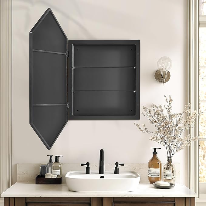 SogesHome Bathroom Medicine Cabinet with Mirror, Hexagon Mirror with 3-Tier Cabinet, Stainless Steel Frame and 2 Shelves for Bathroom, Bedroom, Entryway, Black