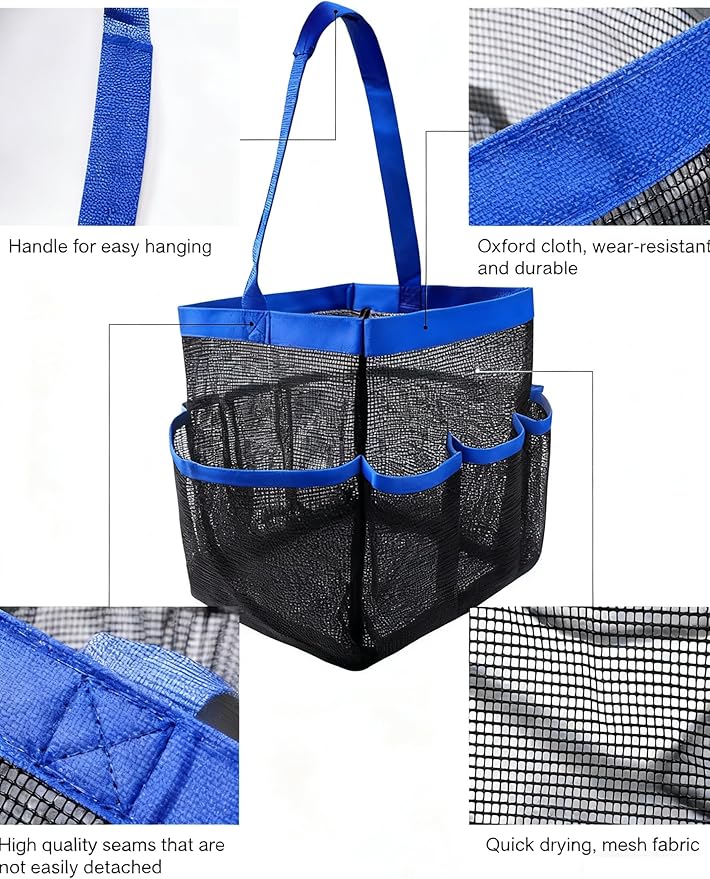 Mesh Shower Caddy Bathroom Portable College Dorm Essentials for Girls Guys Shower Tote Beach Camp Travel Hanging Toiletry Bag Blue