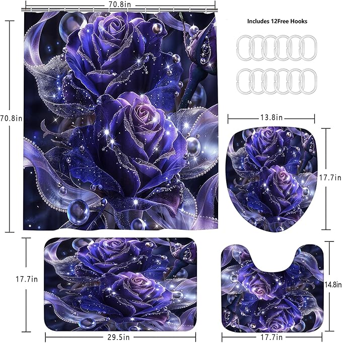 Yddsky 4 PCS Purple Rose Shower Curtain Sets,Black Bathroom Set with Modern Bathroom Curtains Shower Set with Toilet Lid Cover for Women Bathroom Decor Accessories