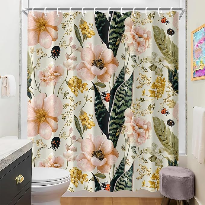 Floral Shower Curtain 72x72 Inch Botanical Flower and Ladybug Print Bathroom Curtain Vintage Garden Style for Cottagecore Decor