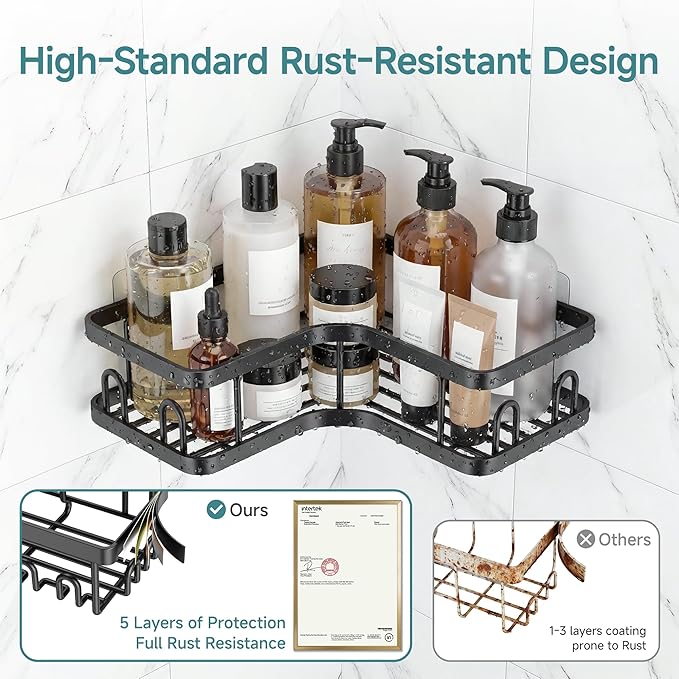Veken Corner Adhesive Shower Caddy 4-Pack with Soap Holder&Hooks,No Drilling Shower Shelves,Rustproof & Waterproof Bathroom Organizers and Storage,Rack for Small Spaces, Kitchen&Rental-Friendly,Black
