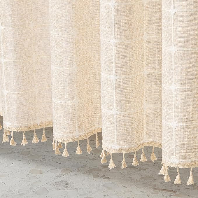 MitoVilla Cream Boho Farmhouse Shower Curtain Set 72 x 78, Beige 78 inch Long Polyester Linen Tassel Fabric Shower Curtain Set for Chic Cottagecore French Rustic Bathroom Decor