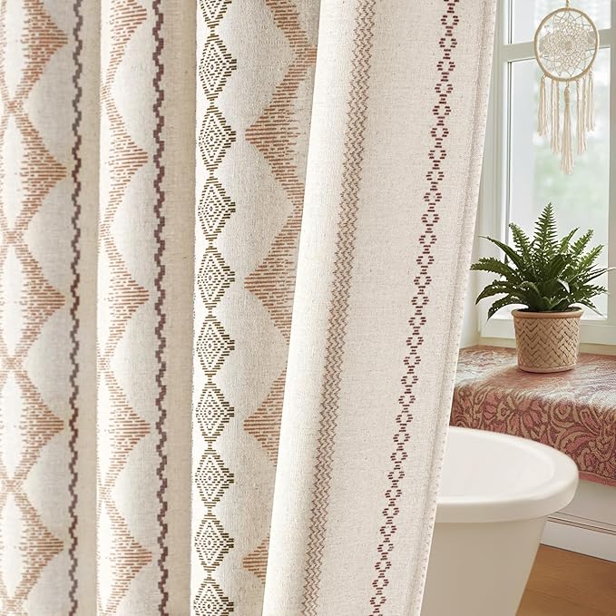 Boho Linen Shower Curtain for Bathroom with Striped Print,72" W x 72" L,Beige