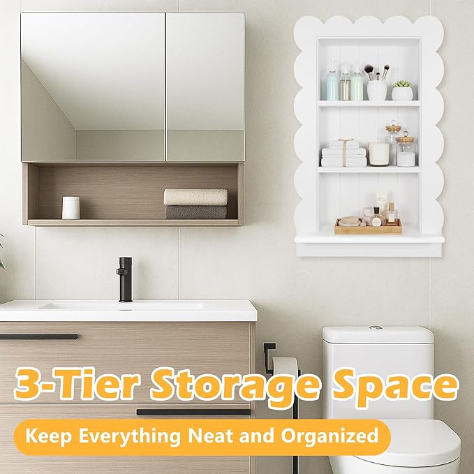 Royxen Bathroom Wall Cabinet with 3-Tier Shelves,Wooden Recessed Medicine Cabinet Over Toilet Storage Cabinet,Scalloped Large Medicine Cabinet Niche for Bathroom Storage Organizer,18 x 24 Inch, White