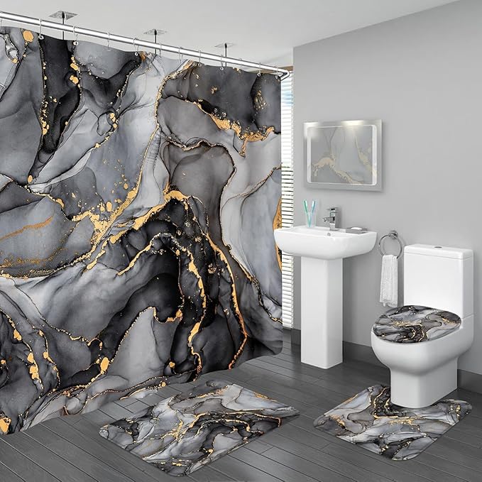 4PCS Black Grey Marble Bathroom Sets with Shower Curtain and Rugs, Abstract Shower Curtain Sets with Rugs, Modern Bathroom Curtains Shower Set Accessories with Toilet Lid Cover
