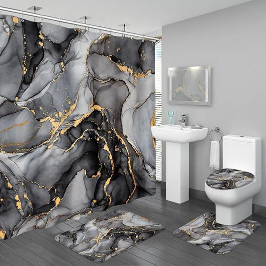 4PCS Black Grey Marble Bathroom Sets with Shower Curtain and Rugs, Abstract Shower Curtain Sets with Rugs, Modern Bathroom Curtains Shower Set Accessories with Toilet Lid Cover