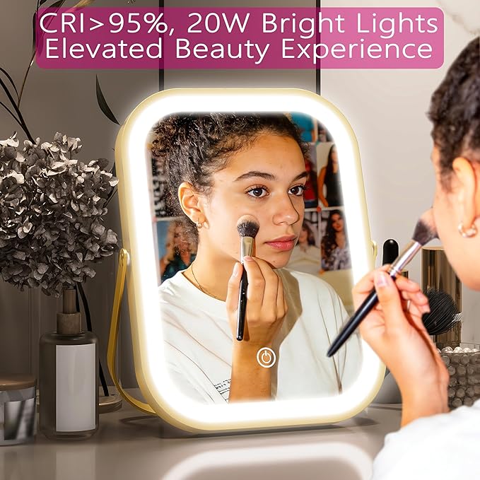 PRIMETEK Travel Makeup Mirror with Lights, Portable Small Beauty LED Vanity Mirror with Lights, 1200mAh Battery, Dimmable Touch Screen, Tabletop Folding Compact Mirror,Women Gift