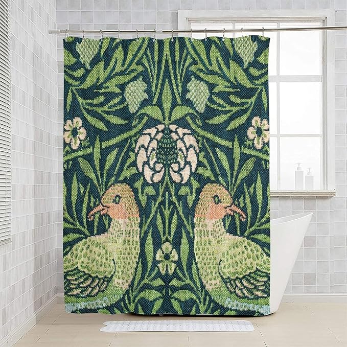 Boho Bird Shower Curtain William Morris Art Print Retro Bird Plant Natural Flower Pattern Print Shower Curtains 66""×72"" Inch, Style-6