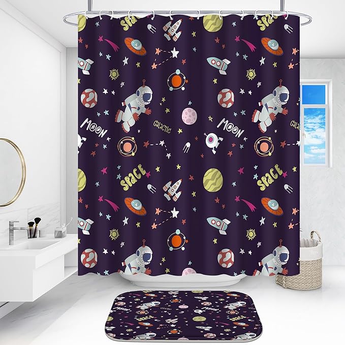 Poedist 4 Pcs Bathroom Shower Curtain Set,Kid's Bathroom Set, Space Shower Curtain Sets with Rugs(Bath Mat,U Shape and Toilet Lid Cover Mat) and 12 Hooks