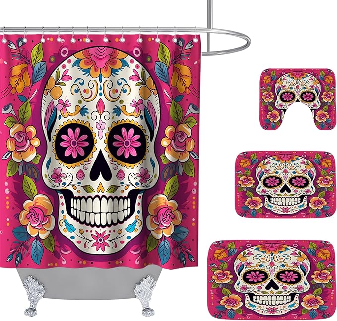Floral Gothic Halloween Bathroom Sets with Funny Skull Unique Shower Curtain and 20 x 31 Rugs Bathroom Accessories Sets Decor with Bath Rug, Bath Mat, U-Shaped Contour and Hooks 72 x 72 Inch Colorful