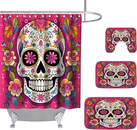 Floral Gothic Halloween Bathroom Sets with Funny Skull Unique Shower Curtain and 20 x 31 Rugs Bathroom Accessories Sets Decor with Bath Rug, Bath Mat, U-Shaped Contour and Hooks 72 x 72 Inch Colorful