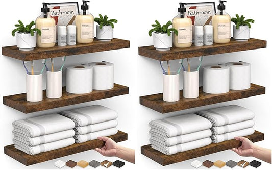 BAYKA Floating Shelves Bathroom for Wall – Shelf Over Toilet Farmhouse Rustic Wood for Bedroom, Kitchen, or Living Room Decor Organization Display Shelving – Rustic Brown, Set of 3 (Pack of 2)