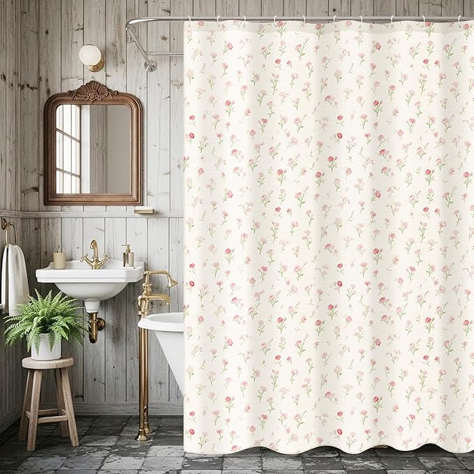 Boao Floral Shower Curtain Linen Farmhouse Cottagecore Spring Shower Curtain Boho Rustic Wildflowers Water Repellent for Bathroom Farmhouse 72" W x 72" L(Pink Flower)
