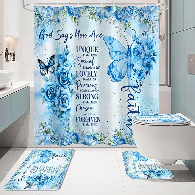 Litabel 4 Pcs Blue Butterfly Inspirational Quotes Shower Curtain Set with Rugs and Toilet Lid Cover, Colorful Boho Waterproof Fabric Bathroom Set, Bible Verse Floral Bathroom Decor Set Accessories