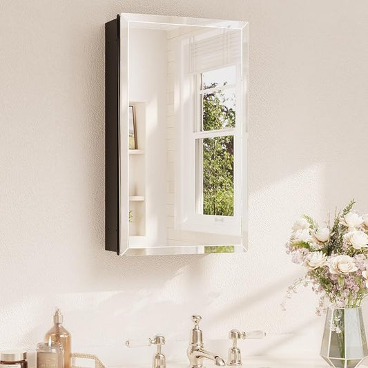 TETOTE 14 x 24 Medicine Cabinet with Tempered Beveled Mirror Black Aluminum Cabinet DTC Hinges, Stepless Adjustable Shelves, Recessed/Surface-Mounted