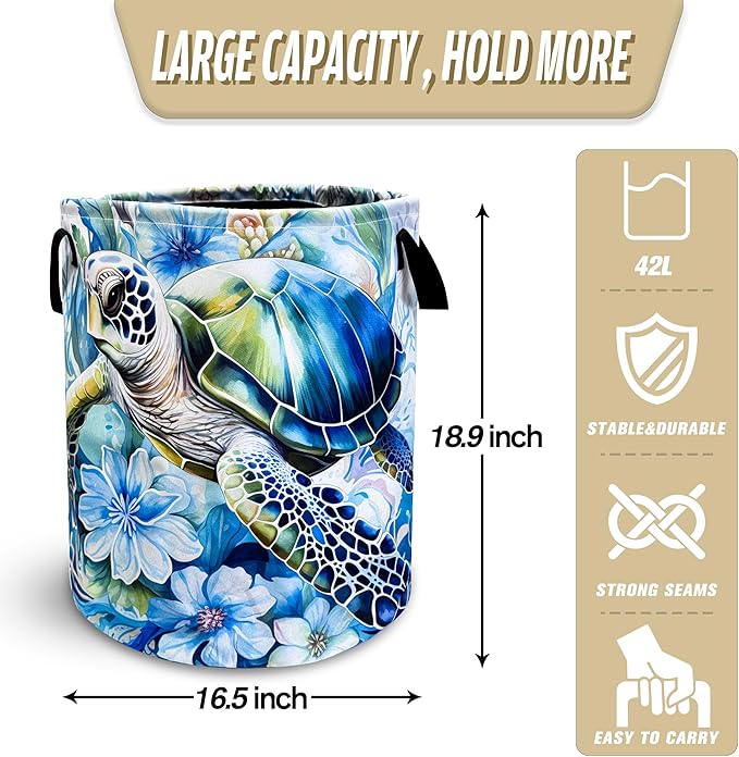 Turtle Laundry Basket Sea Turtle Foldable Oxford Cloth Funny Tote Bag Laundry Hamper Clothes Storage Bucket Toy Organizer For Bathroom/Laundry Storage/Bedroom 18.9x16.5 Inch Gift