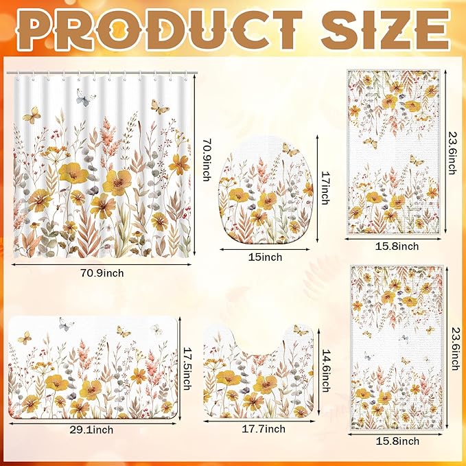 Nuanchu 6 Pcs Thanksgiving Shower Curtain Set with Rug Bathroom Sets with Shower Curtain Bath Mat U Shaped Mat Toilet Lid Cover 2 Bath Towels and 12 Hooks Fall Floral Bathroom Decor