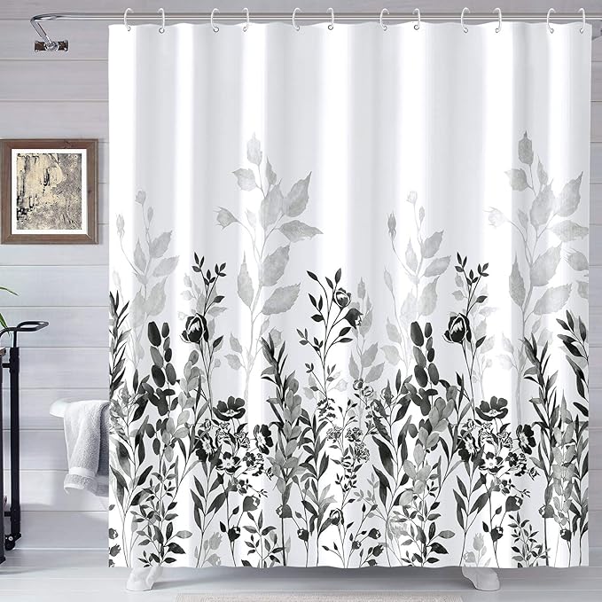 Neasow Black and Grey Shower Curtain, Watercolor Floral Bathroom Curtain Black and White Shower Curtains 72×72 inches