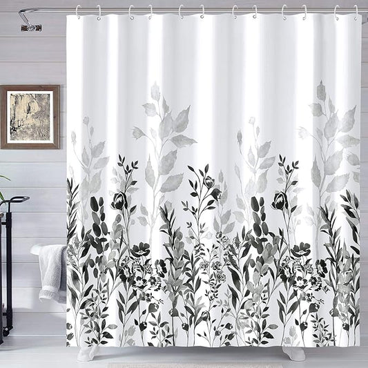 Neasow Black and Grey Shower Curtain, Watercolor Floral Bathroom Curtain Black and White Shower Curtains 72×72 inches