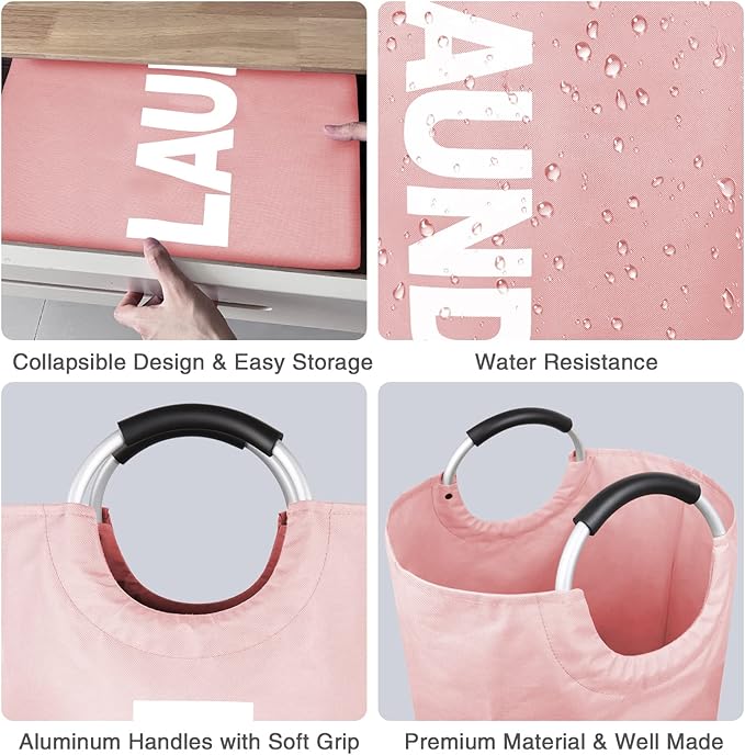 Large Laundry Basket Collapsible???Freestanding Clothes Hamper Bag with Handles ?€? Tall Folding Dirty Laundry Bin???Sturdy Laundry Sorter for College Dorm???Laundry Room ?€? 95L (Pink)