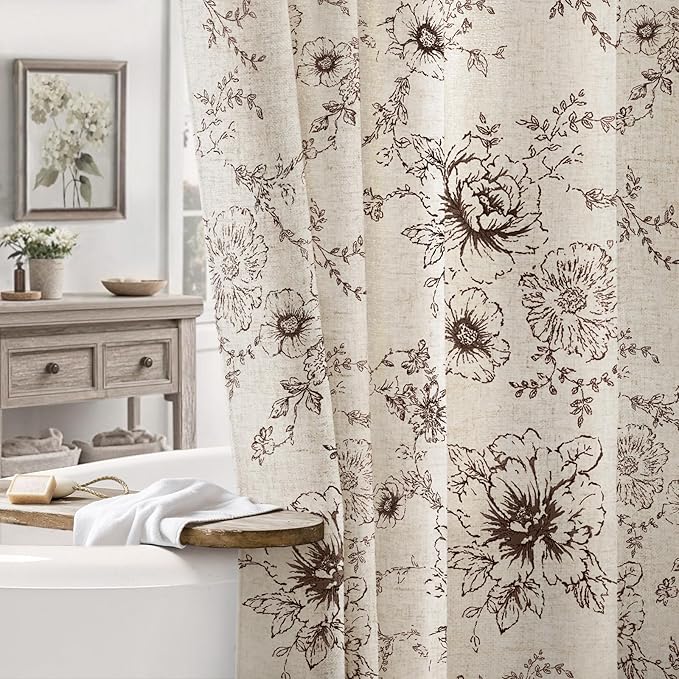 Farmhouse Floral Linen Shower Curtain, Vintage Brown Pattern Rustic Shower Curtains for Bathroom, Tan Taupe,72x84