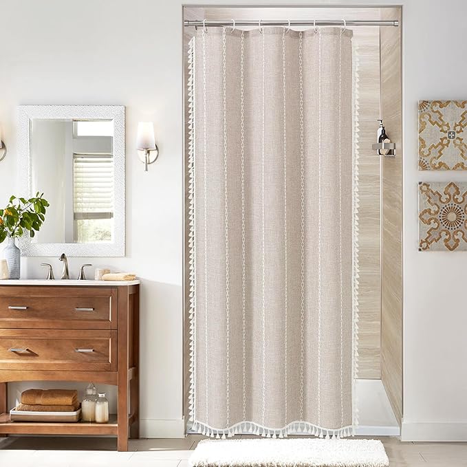 MitoVilla Tan Small Stall Shower Curtain 36 x 72, Taupe Half Size Narrow Polyester Linen Fabric Shower Curtains for Boho Farmhouse Bathroom Decor, Wrinkle Resistant Cloth Shower Curtain