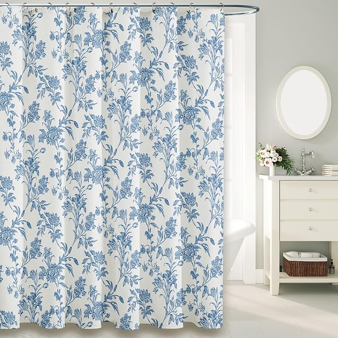 Long Shower Curtain Blue Floral Cotton Cottagecore Shower Curtain for Bathroom 72" W x 78" L