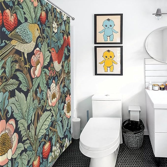 William Morris Shower Curtain,Original Design Strawberry Thief Green Flower Birds Pattern Print Shower Curtains Sets Polyester Waterproof Fabric Decor Bathroom Curtain 72"×84" Inch With 12 Hooks