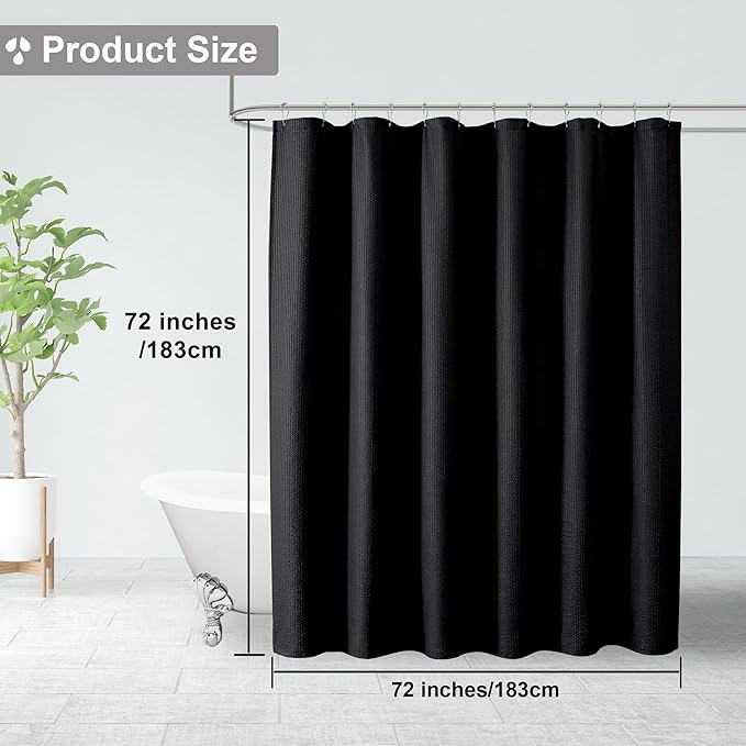 OVZME Berry Black Fabric Shower Curtain - 3D Embossed Hotel Thick Quality Soft Cloth Bath Curtain, Waffle Water Repellent Textured & Machine Washable Material - Standard Size 72x72, Black