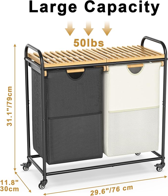 BambooHomie Laundry Sorter 2 Section, Laundry Hampers with Removable Shelf and Pull-Out Bags, Rolling Cart Clothes Hampers Basket with Wheels for Laundry Room Bathroom, 2 x 46 L