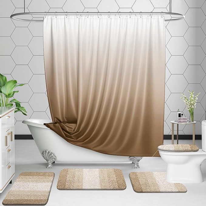 OLANLY Bathroom Rugs Sets 3 Piece, Soft Absorbent Microfiber Bath Mats and U-Shaped Contour Toilet Rug, Plush Shaggy Bath Mat Set for Bathroom (30"x20"+24"x16"+24"x20", Tan)